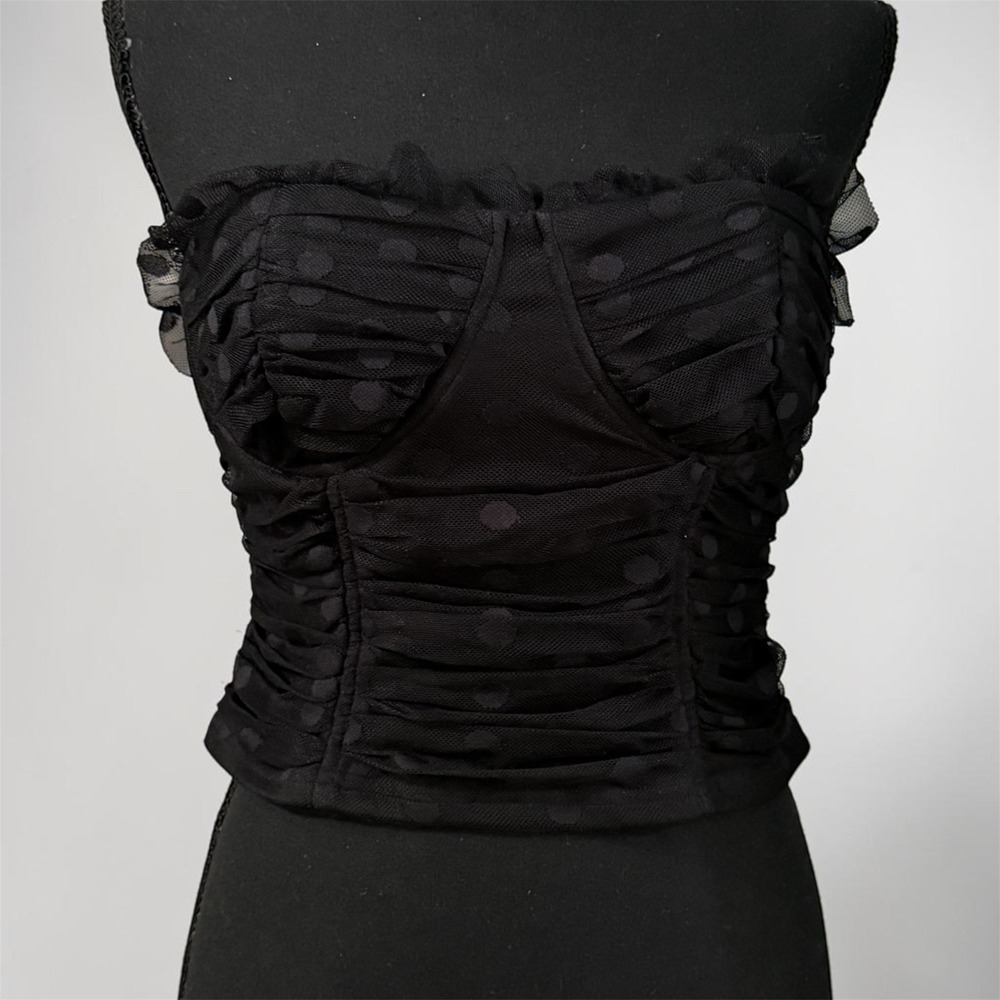 Lulus Black Polka Dot Mesh Ruched Corset Top Strapless Bustier Ruffle Trim Large